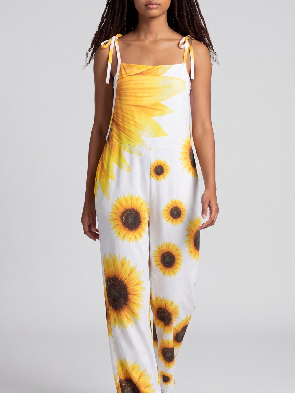 Sunflower-Print White Jumpsuit with Tie Straps
